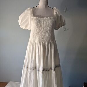 Rachel Zoe Milk Maid Puff Sleeves Tier Midi/Maxi Dress Womens 8 Ivory Prairie